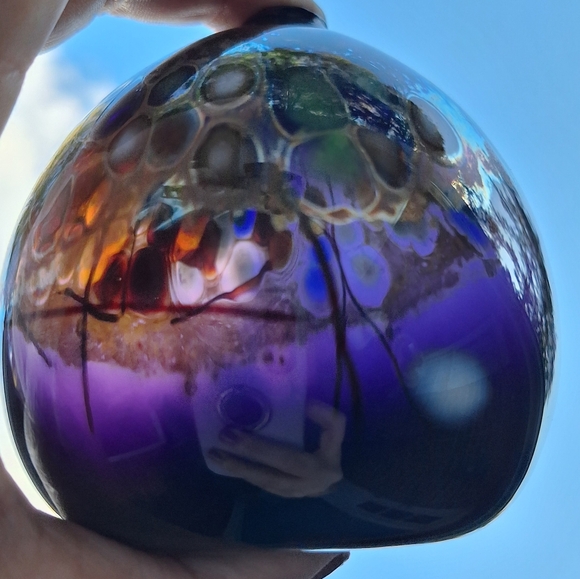 Hand Blown Glass Oil Lamp Orb or Bud Vase Artist Signed Mosaic Color Marble Ball - Picture 3 of 16
